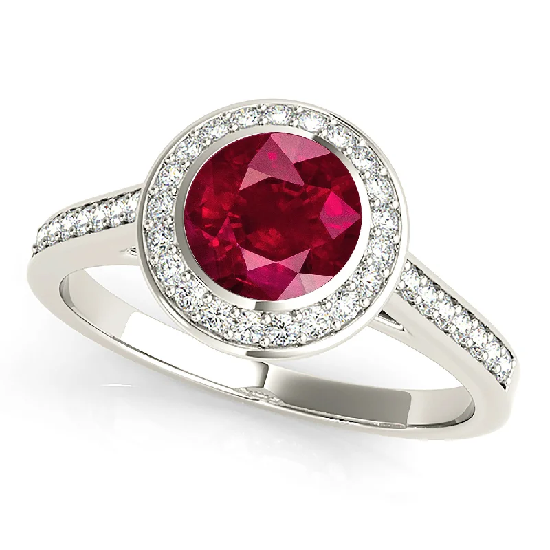 Women’s rings with hexagon-cut amethyst stones -1.35 ct. Genuine Ruby Ring With Halo, Delicate Diamond Band