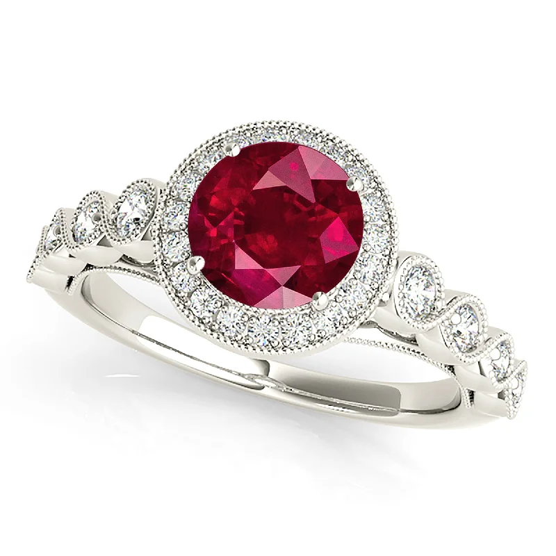 Women’s rings with eternity knot for love -1.35 ct. Genuine Ruby Ring With Halo,Swirly Milgrain Diamond Band