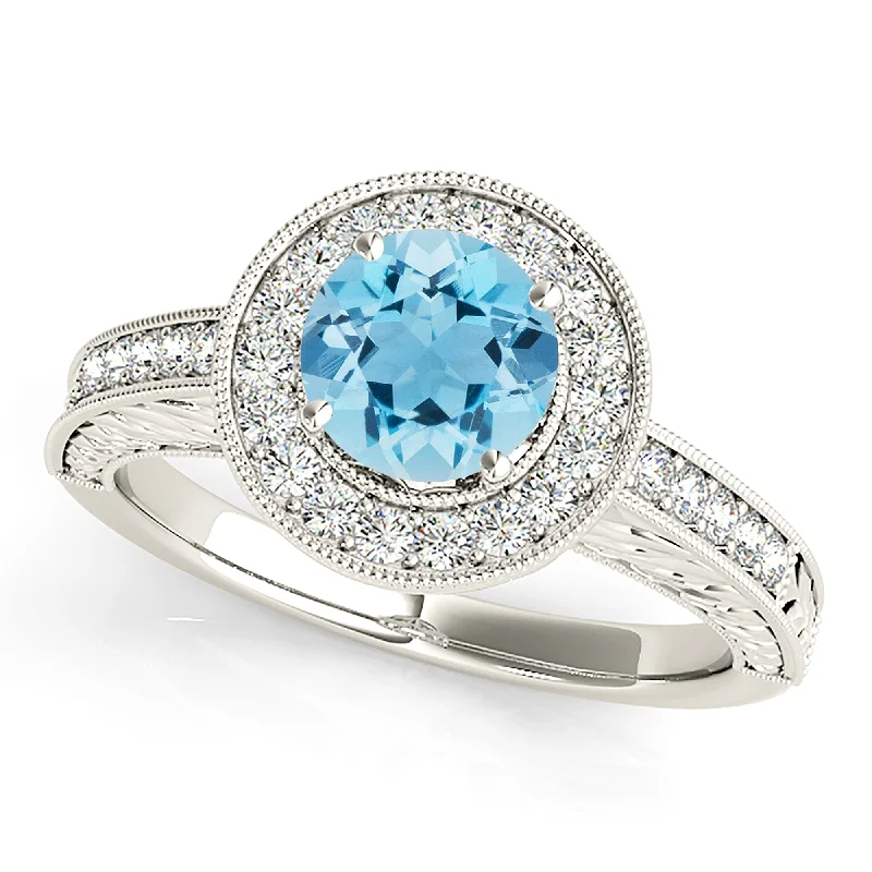 Women’s rings with brushed gold for subtlety -1.65 ct. Genuine Aquamarine Ring With Milgrain Halo, Filigree Diamond Shank