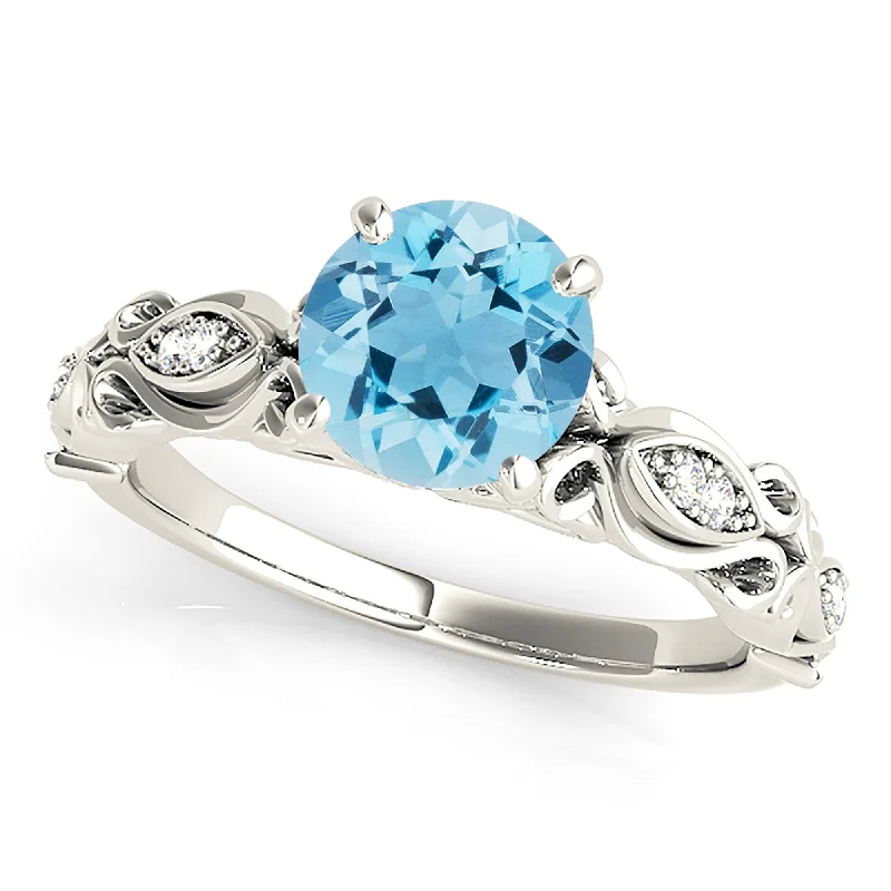 Women’s rings with engraved floral band patterns -1.75 ct. Genuine Aquamarine Ring With Fancy Hand Carved Shank