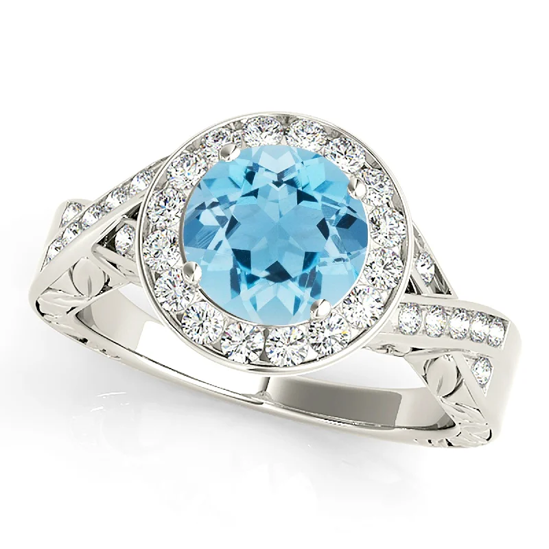 Women’s rings with stretch bands for ease -1.75 ct. Genuine Aquamarine Ring With Halo, Filigree Accent Sides