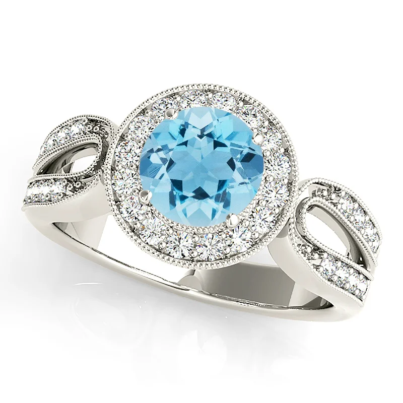 Women’s rings with eternity knot for love -1.75 ct. Genuine Aquamarine Ring With Milgrain Halo, Open Rounded Diamond Band