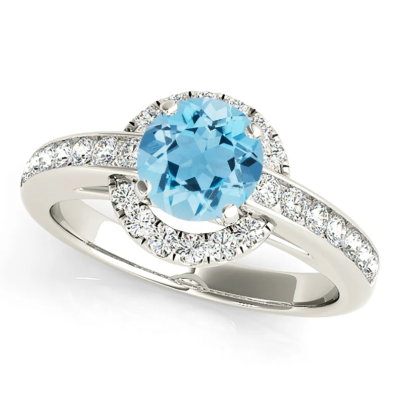 Women’s rings with etched initials for meaning -1.75 ct. Genuine Aquamarine Ring With Halo and Delicate Diamond Band