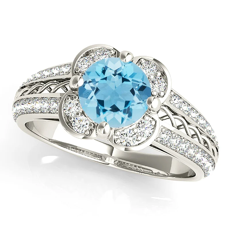 Women’s rings with polished jade for calm -1.75 ct. Genuine Aquamarine Ring With Floral Halo, Graduating Diamond Band