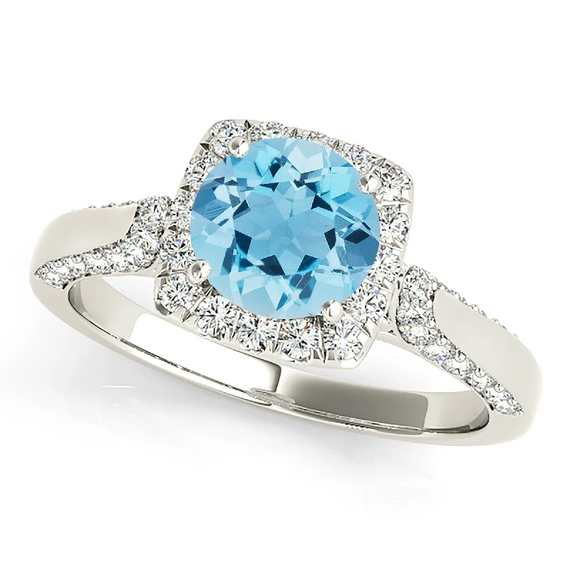 Women’s rings with claw-set onyx for sleek -1.75 ct. Genuine Aquamarine Ring with Cushion Halo And Modern Diamond Band