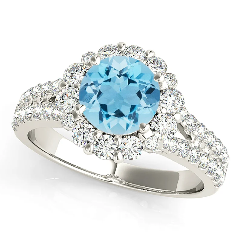 Women’s layered rings with mixed gemstone bands -1.75 ct. Genuine Aquamarine Ring With Halo And Small V Shape Split Diamond Band