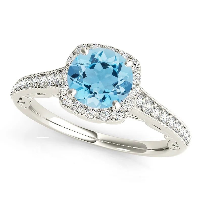 Women’s silver rings featuring bold turquoise gems -1.75 ct. Genuine Round Aquamarine Ring With Cushion Halo, Fancy Diamond band