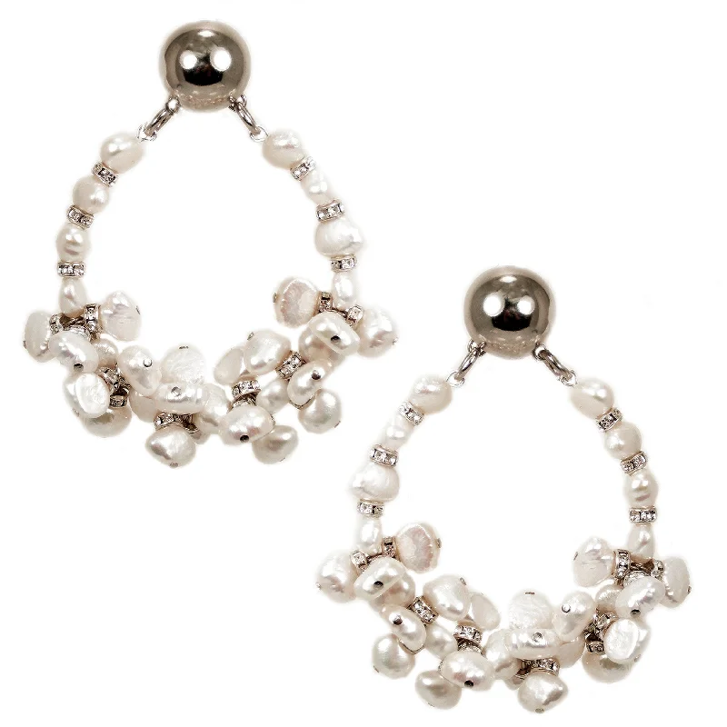 Drop Earrings with Debossed Designs -#1016e Fresh Water Pearl & Rhinestone Hoop Earrings With Silver Button Top