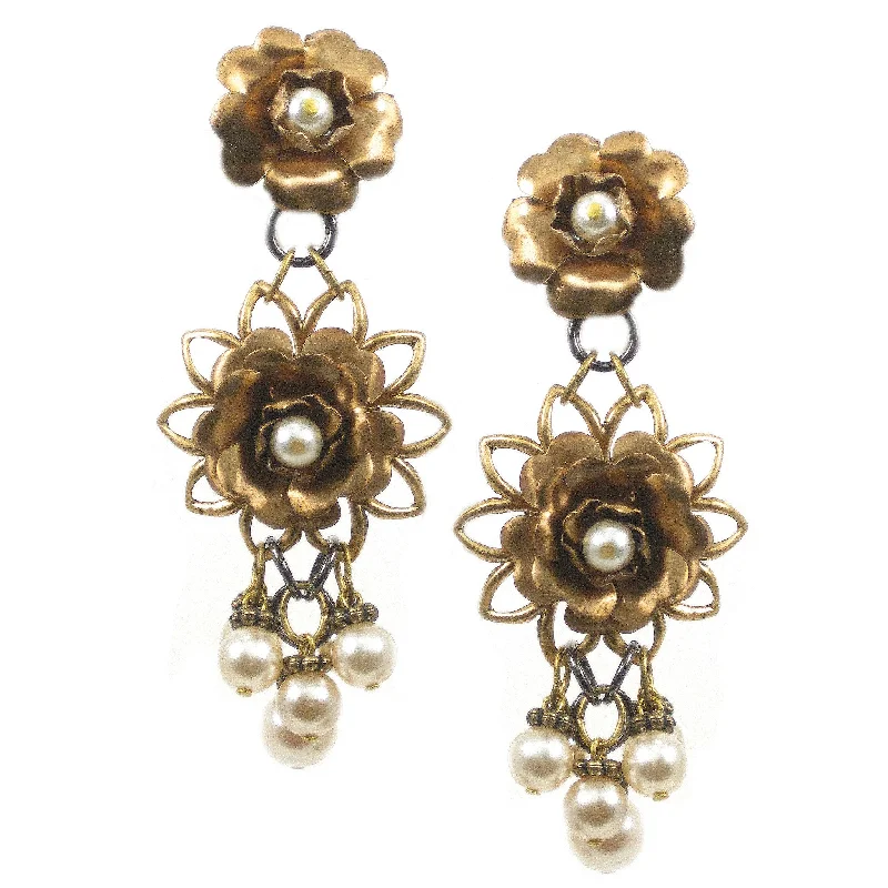 Drop Earrings for Engagement Party -#1022e Gold Tone Pearl Embellished Floral Earrings With Pearl Cluster Drop