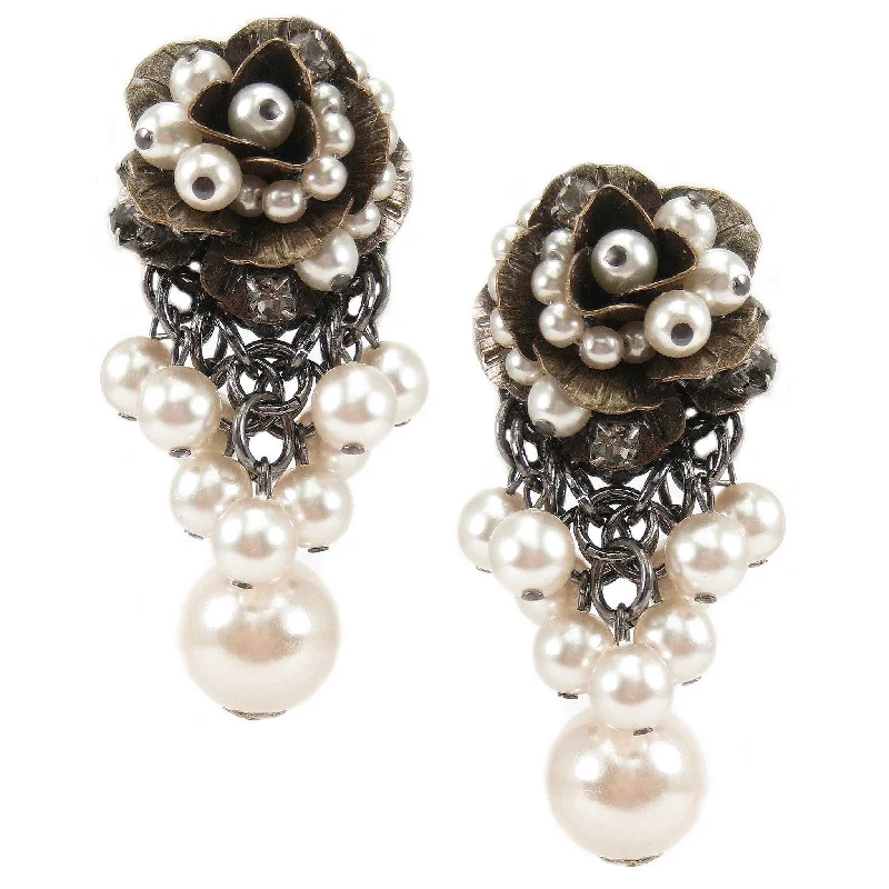 Drop Earrings for Bridesmaids Look -#1026e Gold Tone Pearl Embellished Floral Earrings With Large Pearl Drop