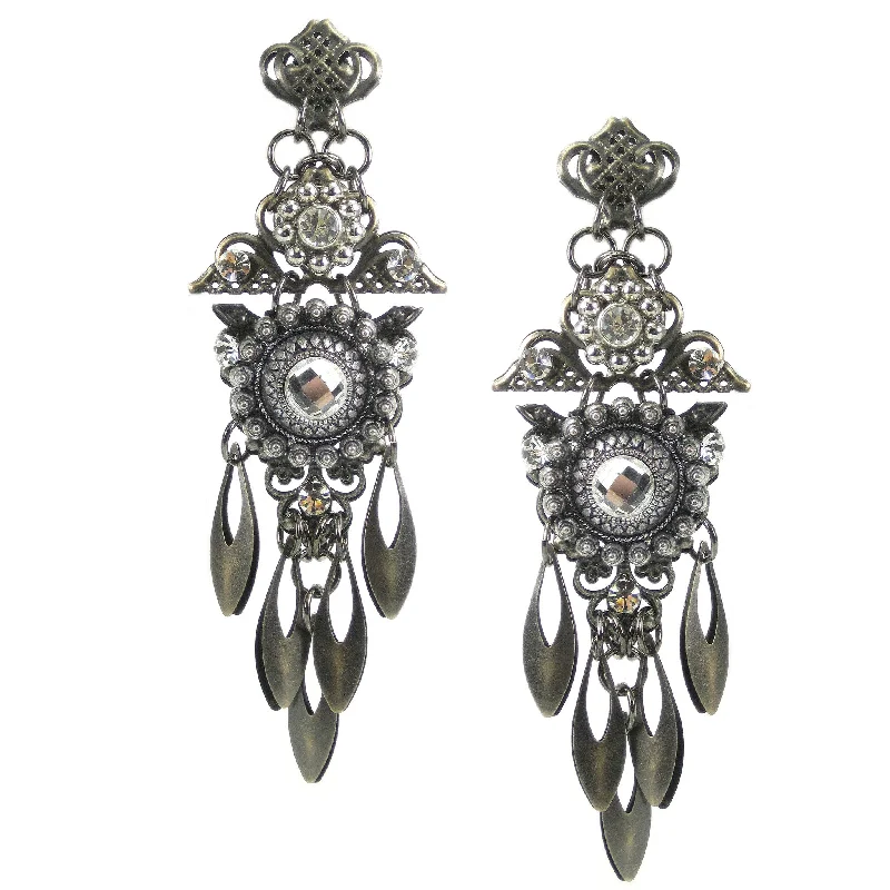 Drop Earrings for Valentine's Day -#1056e Gunmetal Filigree Shoulder Duster Earrings With Crystal Rhinestone