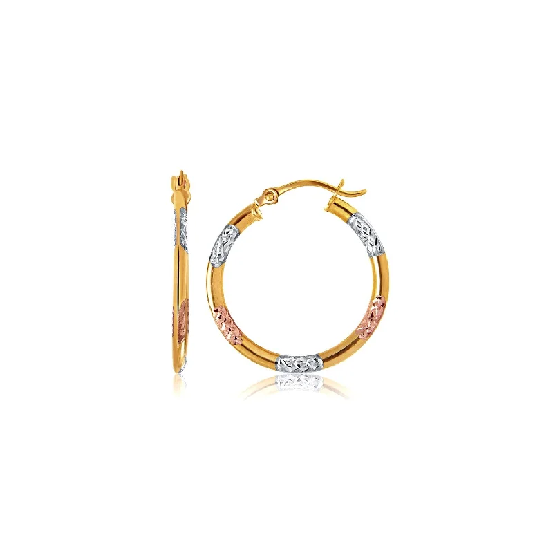 Drop Earrings for Valentine's Day -LOVCIA Luxury Tri-Color 10k Gold Hoop Earrings with Diamond-Cut Accents (20mm)