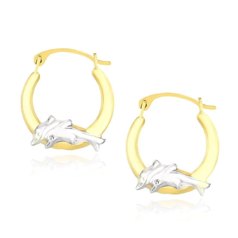 Drop Earrings for Formal Attire -LOVCIA Luxury Two-Tone 10k Gold Dolphin Hoop Earrings with Hinged Snap Backs