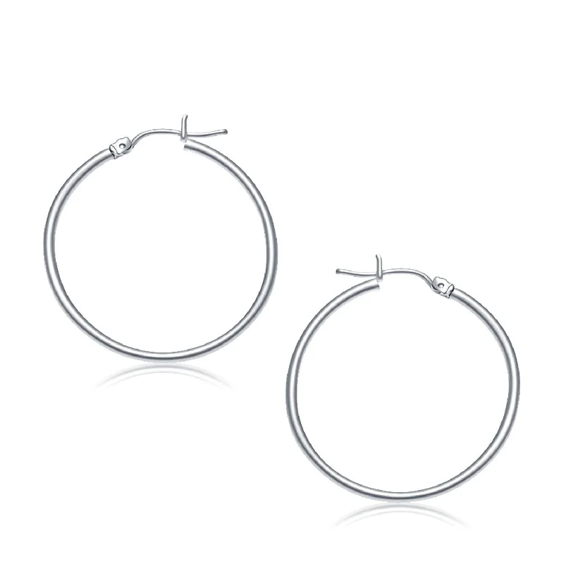 Drop Earrings with Filigree Work -LOVCIA Luxury Radiant 10K White Gold Hoop Earrings with Snap Lock (30mm)