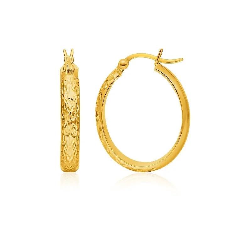 Adjustable Drop Earrings for Custom Fit -LOVCIA Luxury Hammered 10K Yellow Gold Oval Hoop Earrings with Snap Lock