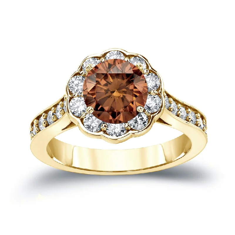 Engagement rings with star sapphire for glow -14k Gold Round 1 3/4ct TDW Brown Diamond Halo Engagement Ring by Auriya