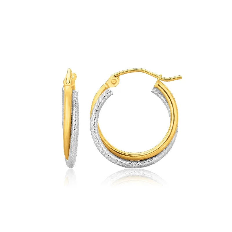 Drop Earrings with Polished Shine -LOVCIA Luxury Radiant 14k Two-Tone Gold Double Hoop Earrings with Textured and Polished Finish