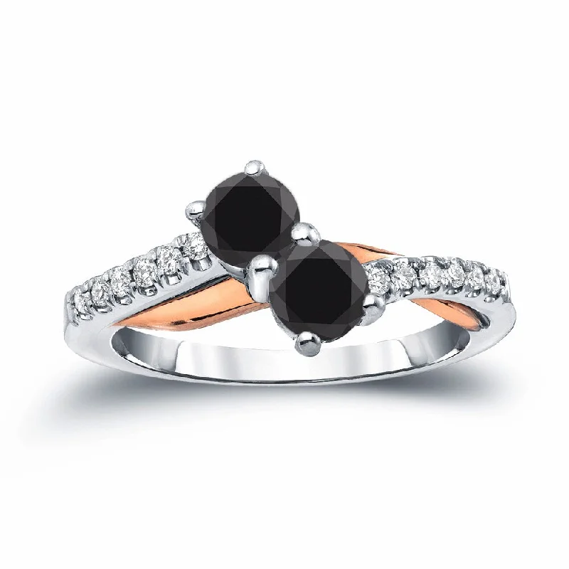 Engagement rings with yellow gold floral halos -14k Two-Tone Rose Gold 1ct TDW Round Two Stone Black Diamond Ring by Auriya