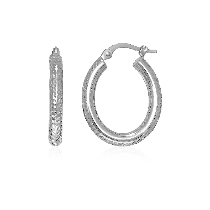 Gemstone and Diamond Drop Earrings for Opulence -LOVCIA Luxury 14K White Gold Textured Oval Hoop Earrings with Snap Clasp