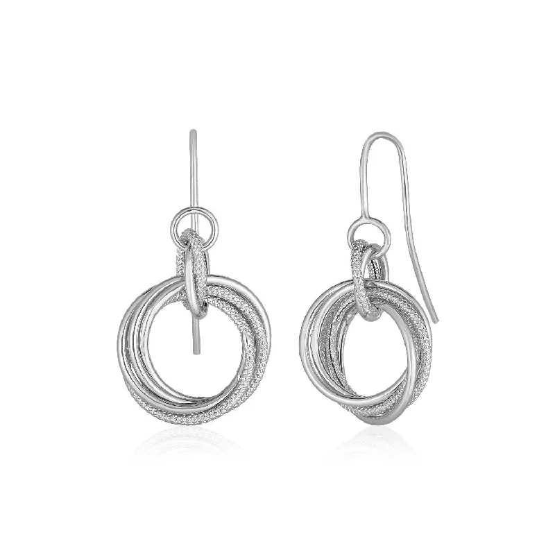 Drop Earrings for Valentine's Day -LOVCIA Luxury Dazzling 14k White Gold Earrings with Intertwined Circle Pendants