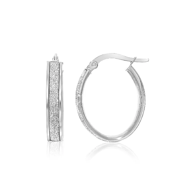 Adjustable Drop Earrings for Custom Fit -LOVCIA Luxury Classic 14k White Gold Oval Hoop Earrings with Glitter Center (15mm)