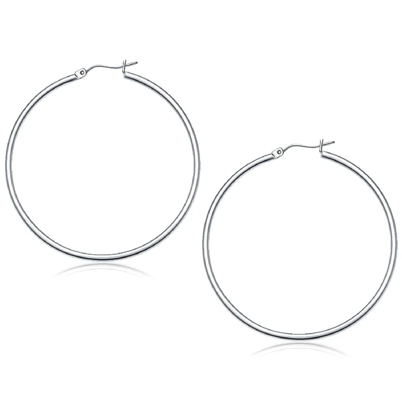 Studded Drop Earrings with Gemstones -LOVCIA Luxury 14k White Gold Classic 50mm Hoop Earrings with Snap Lock Closure