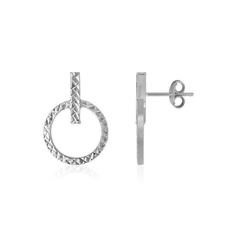 Ethnic Drop Earrings with Tribal Design -LOVCIA Luxury Classic 14k White Gold Circle and Bar Post Earrings with Textured Finish