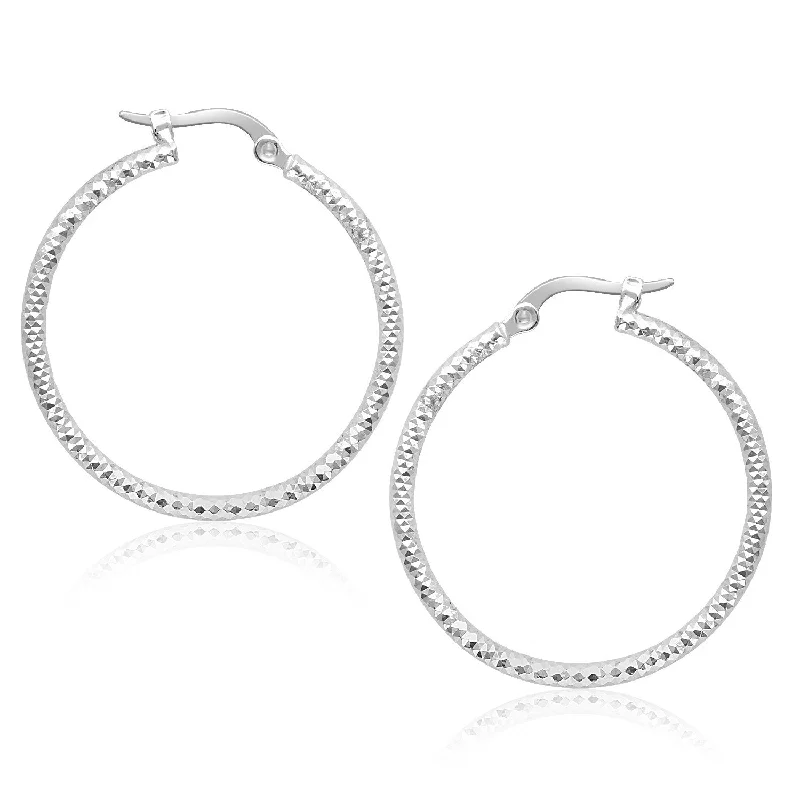 Ethnic Drop Earrings with Tribal Design -LOVCIA Luxury Glamorous 14k White Gold Textured Hoop Earrings with Snap Lock (25mm)