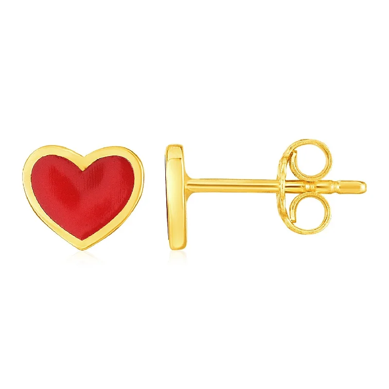 Drop Earrings for Casual Outfit -LOVCIA Luxury 14k Yellow Gold Red Heart Enamel Stud Earrings with Push Back Clasp