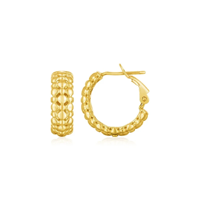 Waterproof Drop Earrings for Outdoor -LOVCIA Luxury Glamorous 14k Yellow Gold Textured Beaded Hoop Earrings with Omega Back