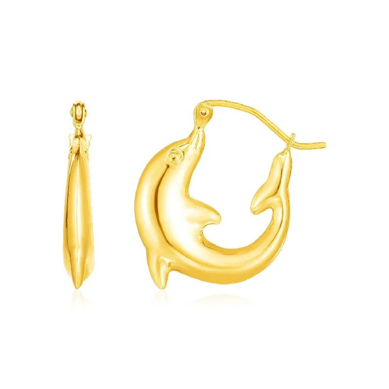 Indian Drop Earrings with Intricacy -LOVCIA Luxury Glamorous 14K Yellow Gold Dolphin Hoop Earrings with Hinged Clasps