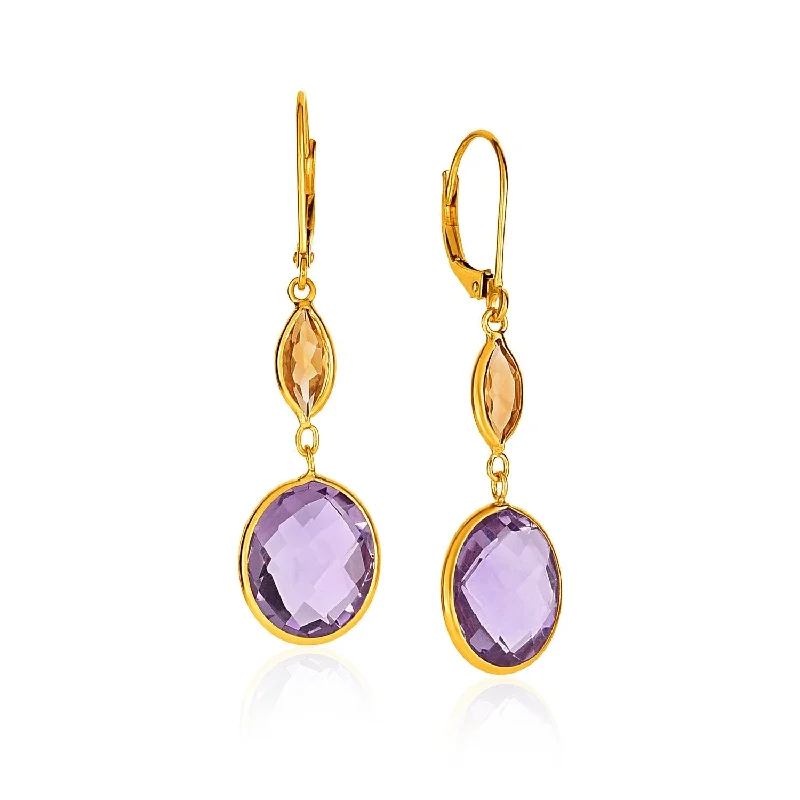 Drop Earrings with Keyhole Designs -LOVCIA Luxury Elegant 14k Yellow Gold Leverback Earrings with Amethyst and Citrine Drops