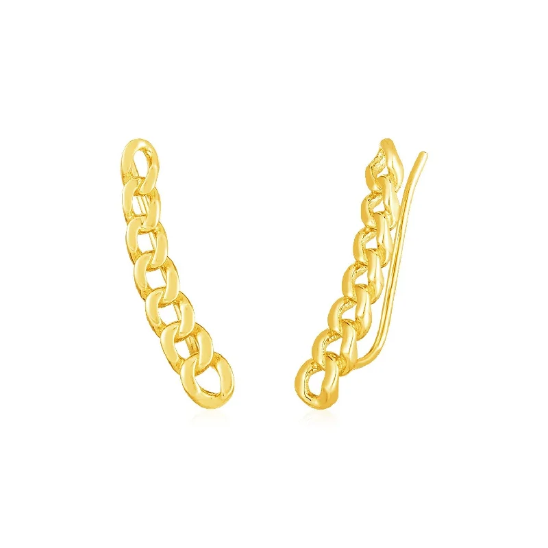 Drop Earrings with Hammered Finish -LOVCIA Luxury 14k Yellow Gold Chain Link Ear Climber Earrings with Euro Wire