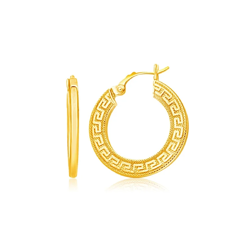 Heavy Duty Drop Earrings for Durability -LOVCIA Luxury Greek Key Patterned 14k Yellow Gold Medium Hoop Earrings with Snap Lock Closure