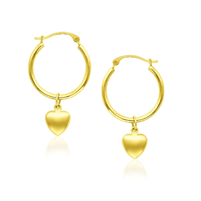 Push Back Drop Earrings for Convenience -LOVCIA Luxury Classic 14k Yellow Gold Hoop Earrings with Charming Puffed Heart Dangle