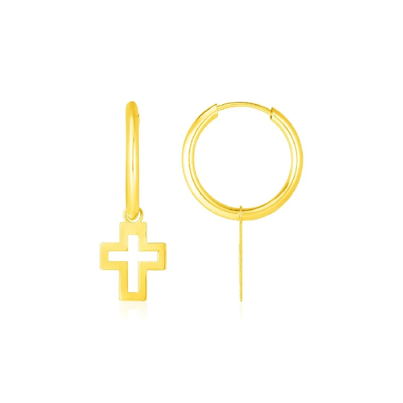 Nickel Free Drop Earrings for Safety -LOVCIA Luxury Glamorous 14K Yellow Gold Polished Hoop Earrings with Cross Charms