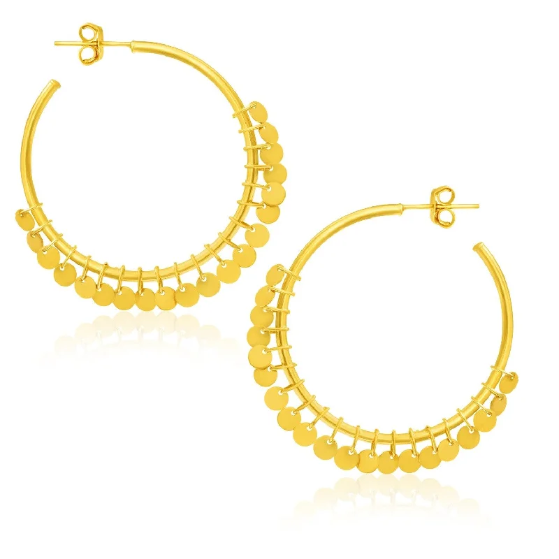 Drop Earrings with Etched Designs -LOVCIA Luxury 14k Yellow Gold Bohemian Hoop Earrings with Dangling Round Sequins (30mm)