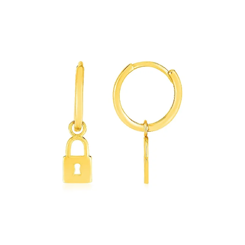 Clip On Drop Earrings for Non Pierced -LOVCIA Luxury Classic 14k Yellow Gold Hoop Earrings with Dazzling Padlock Charms