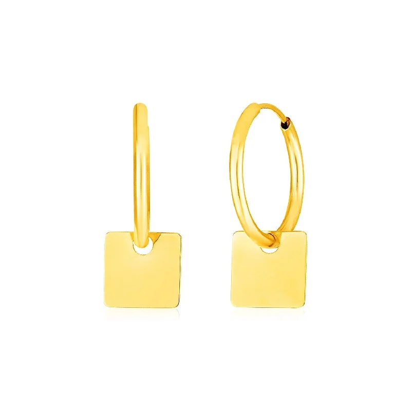 Studded Drop Earrings with Gemstones -LOVCIA Luxury Classic 14k Yellow Gold Hoop Earrings with Polished Square Charms