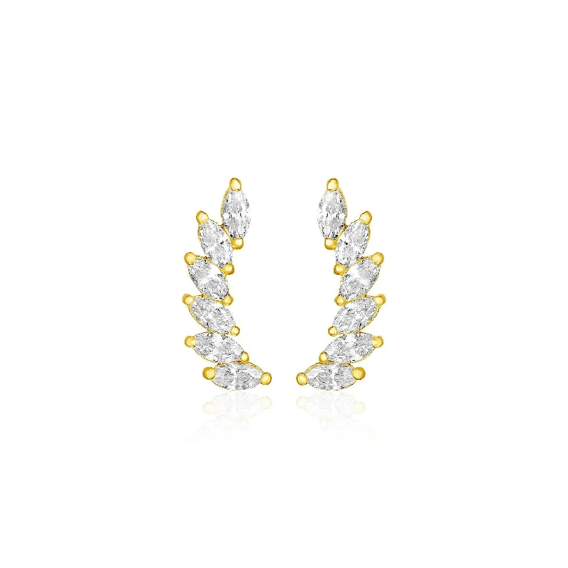 Drop Earrings for Wedding Ceremony -LOVCIA Luxury Radiant 14k Yellow Gold Leaf Design Ear Climbers with Marquise Cubic Zirconia Stones