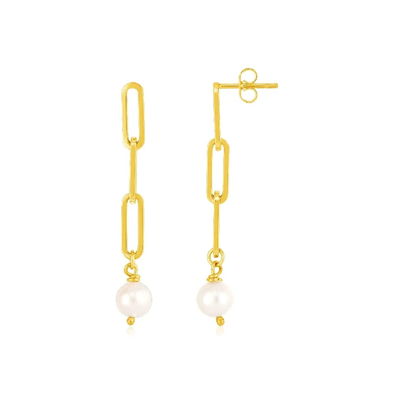 Floral Drop Earrings with Petals -LOVCIA Luxury Classic 14k Gold Paperclip Chain Earrings with Round Pearl Accent