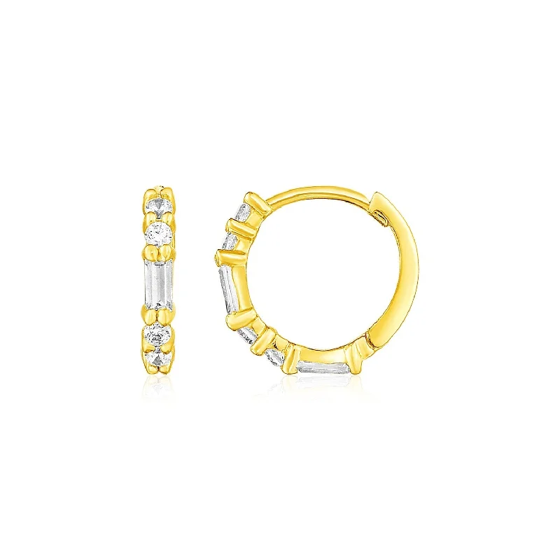 Leverback Drop Earrings for Comfort -LOVCIA Luxury Petite 14k Yellow Gold Hoops with Baguette Cut Cubic Zirconias