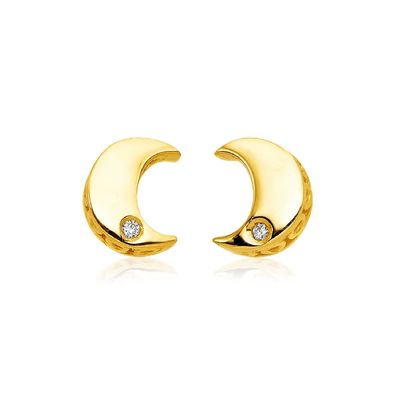 Drop Earrings with Embossed Patterns -LOVCIA Luxury Radiant 14k Yellow Gold Crescent Earrings with Sparkling Diamonds