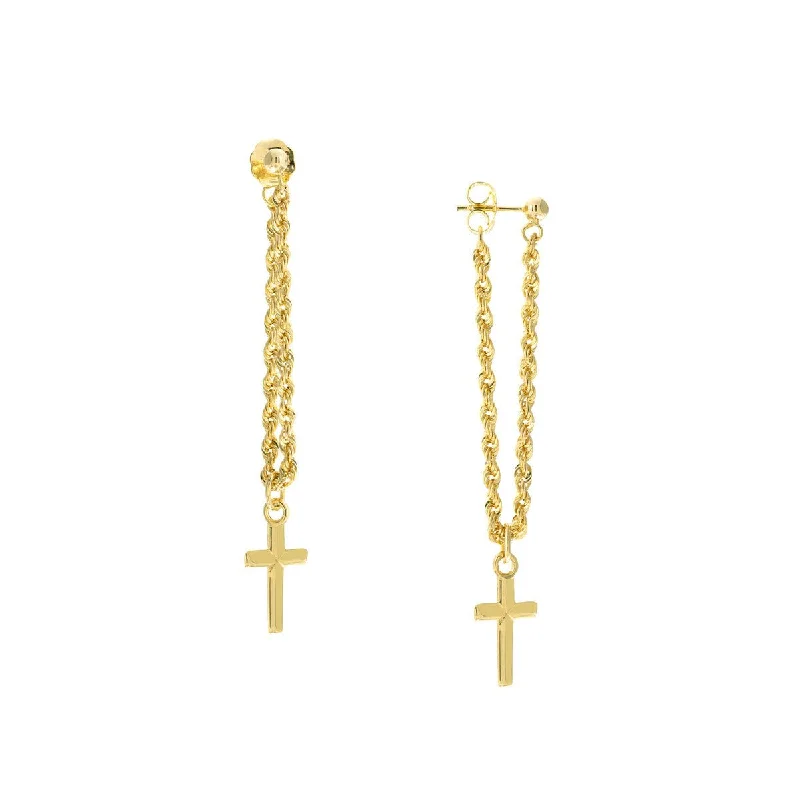 Heavy Duty Drop Earrings for Durability -14K Yellow Gold Rope Chain with Cross Front to Back Earrings