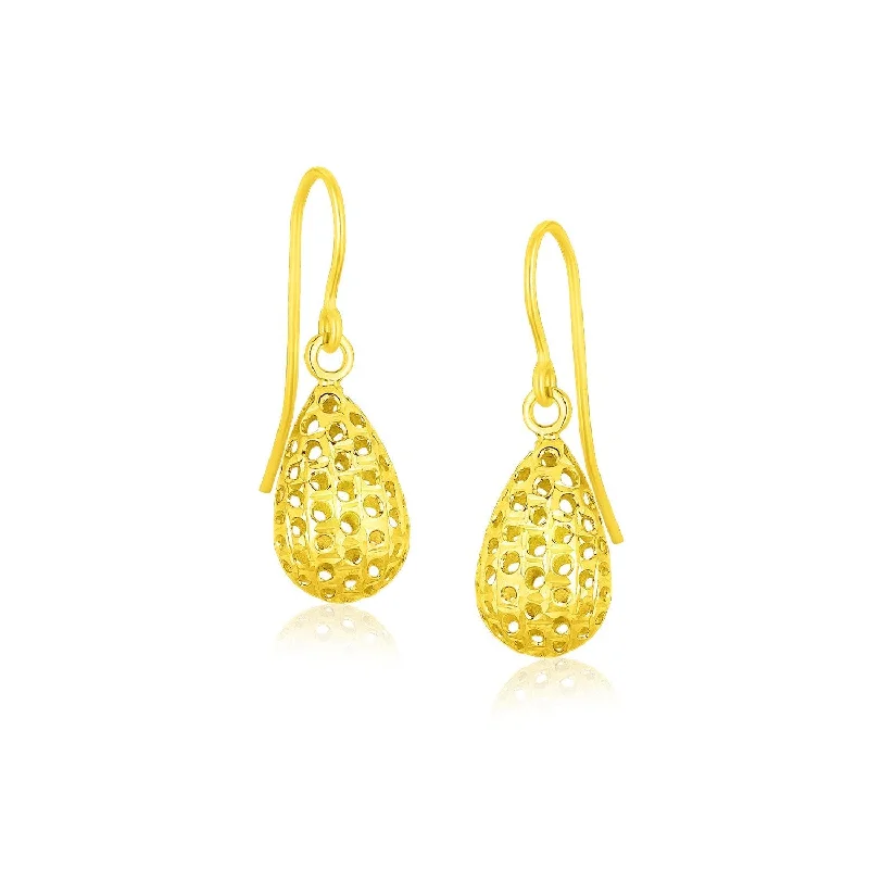 Drop Earrings for Graduation Day -LOVCIA Luxury Teardrop Yellow Gold Earrings with Honeycomb Design in 14k