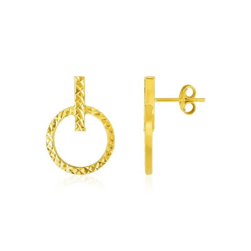 Drop Earrings with Matte Finish -LOVCIA Luxury Classic 14k Yellow Gold Textured Post Earrings with Circle and Bar Design