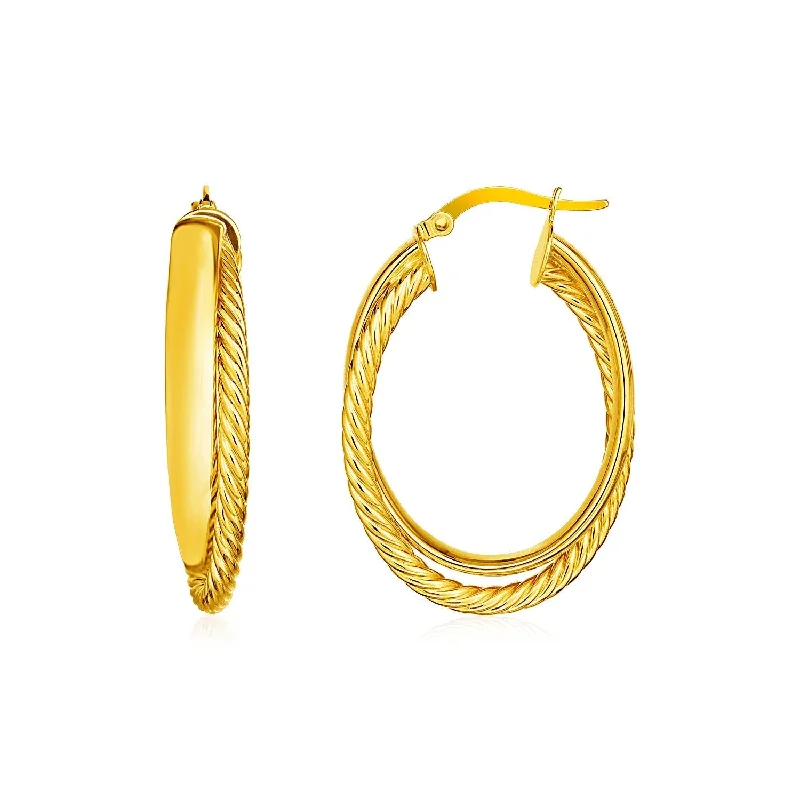 Drop Earrings for Shopping Trip -LOVCIA Luxury 14k Yellow Gold Textured Twisted Oval Hoops with Hinged Clasps