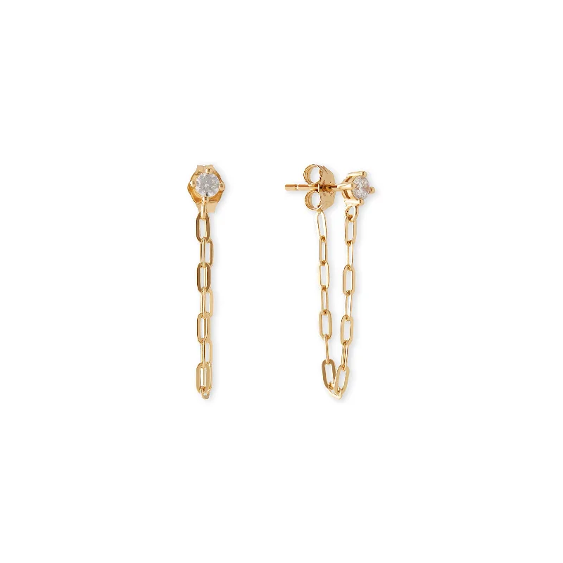 Screw Back Drop Earrings for Security -18k Gold Plated CZ with Chain Drops