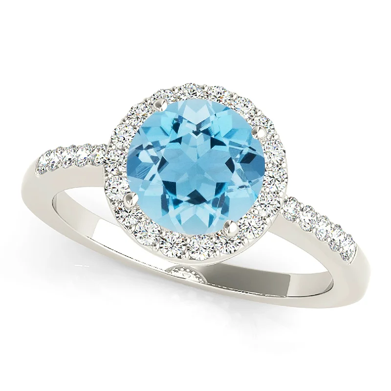 Women’s vintage rings with ornate rose-cut stones -2.00 ct. Genuine Aquamarine Ring With Halo, Delicate Diamond Band