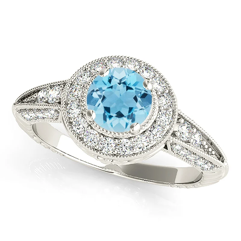 Women’s chunky rings with vibrant ruby inlays -2.00 ct. Genuine Aquamarine Ring With Milgrain Halo And 3D Diamond Band